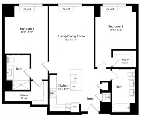 Two Bedroom Floor Plan at One East Harlem Luxury Apartments in East Harlem NY